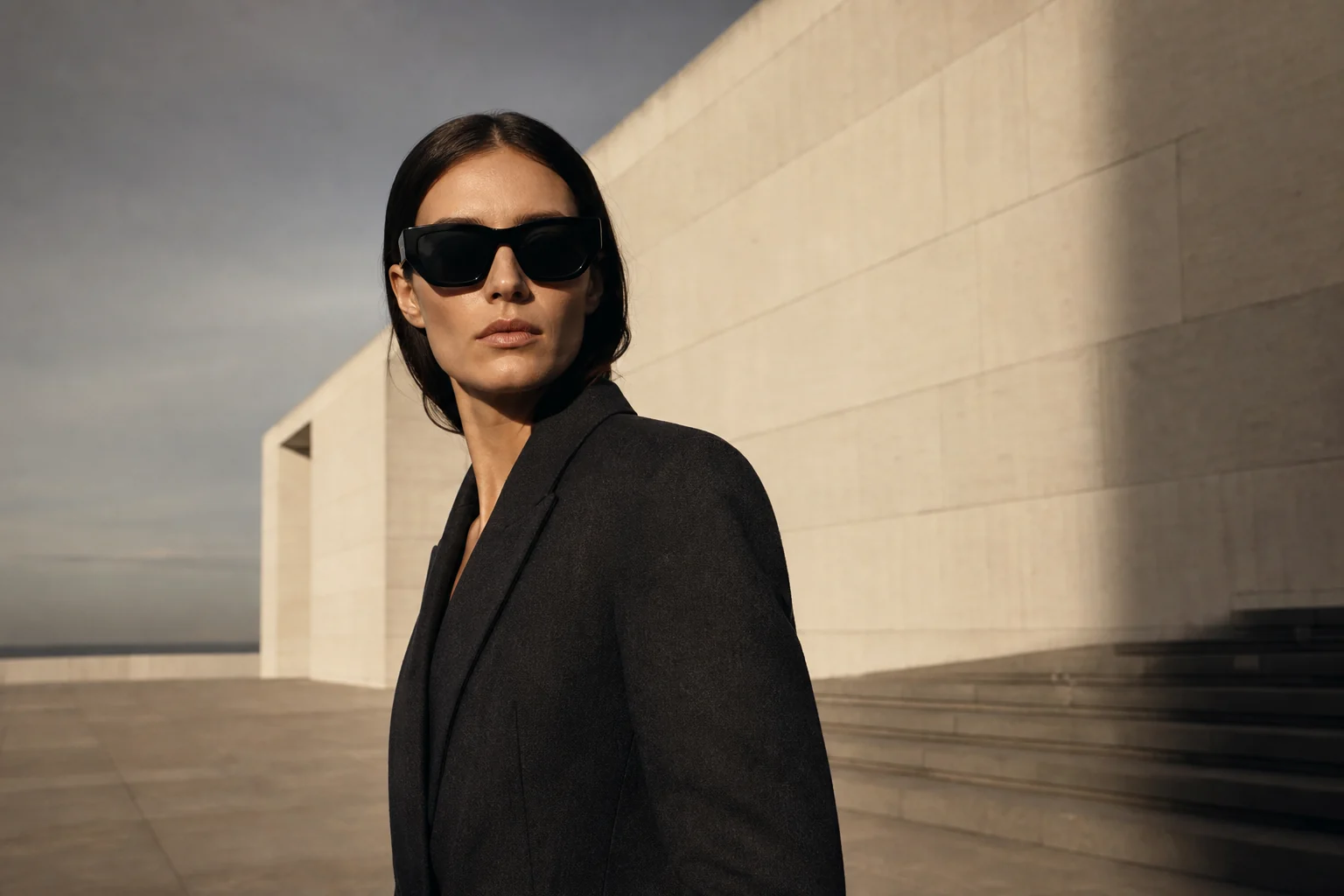 Model wearing black sculptural sunglasses beside pale stone architecture