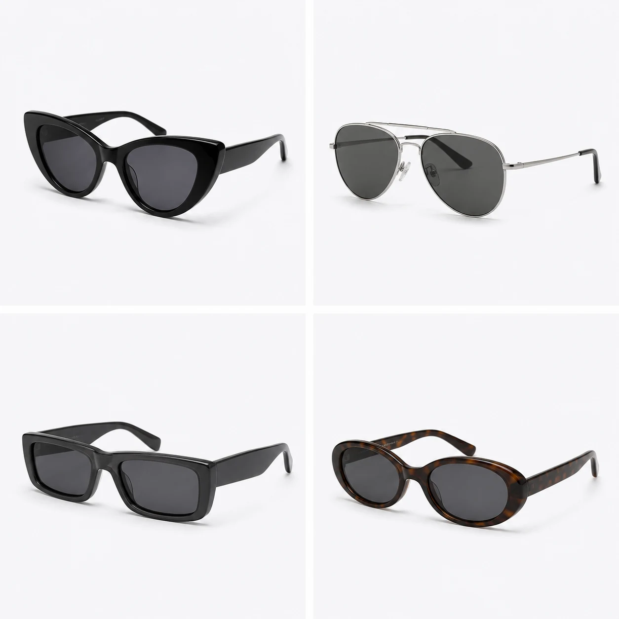 Sunglasses product views arranged for lens and frame comparison